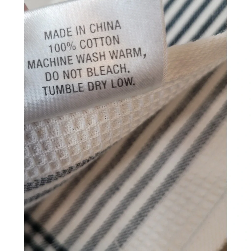 Crate & Barrel Waffle Dishtowel Black & White Stripes 100% Cotton Set of 2 - NEW